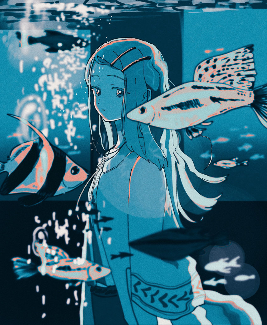 1girl, absurdres, aoyama_wasabi, aquarium, closed_mouth, coat, fish, gakuen_idolmaster