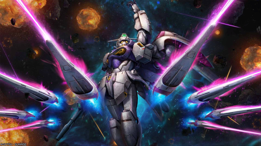 absurdres, arm_up, beam_cannon, copyright_logo, energy_beam, engage_zero_yonghwavin, explosion, firing