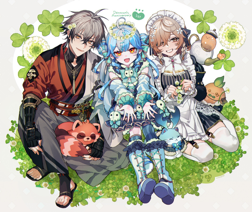 1boy, 2girls, :d, ahoge, anniversary, asymmetrical_legwear, blue_hair, bracer