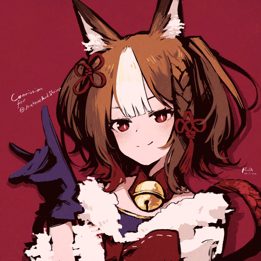 1girl, absurdres, animal_ear_fluff, animal_ears, bell, black_gloves, brown_hair, colored_bangs