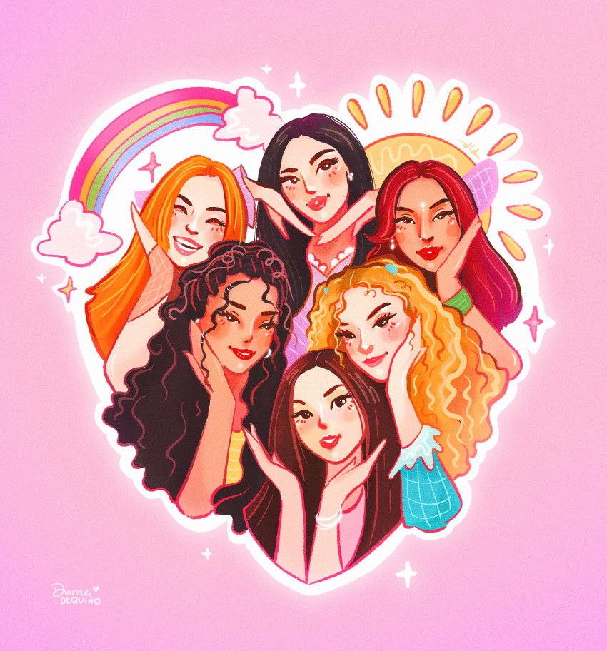 6+girls, absurdres, artist_name, black_hair, blush, brown_eyes, daniela_(katseye), highres