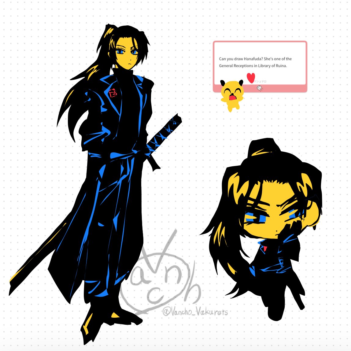 black_coat, black_hair, black_pants, black_shoes, blue_eyes, chibi, coat, flower, full_body, hanafuda_(project_moon), high_ponytail, katana, library_of_ruina, limbus_company, limited_palette, long_hair, looking_at_viewer, marshmallow_(site), multiple_views, pants, ponytail, project_moon, red_flower, red_rose, rose, shoes, simple_background, solo, standing, sword, vancho_vakurets, weapon, white_background