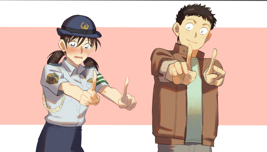 1boy, 1girl, armband, black_hair, blue_eyes, blue_hat, blue_shirt, blue_skirt