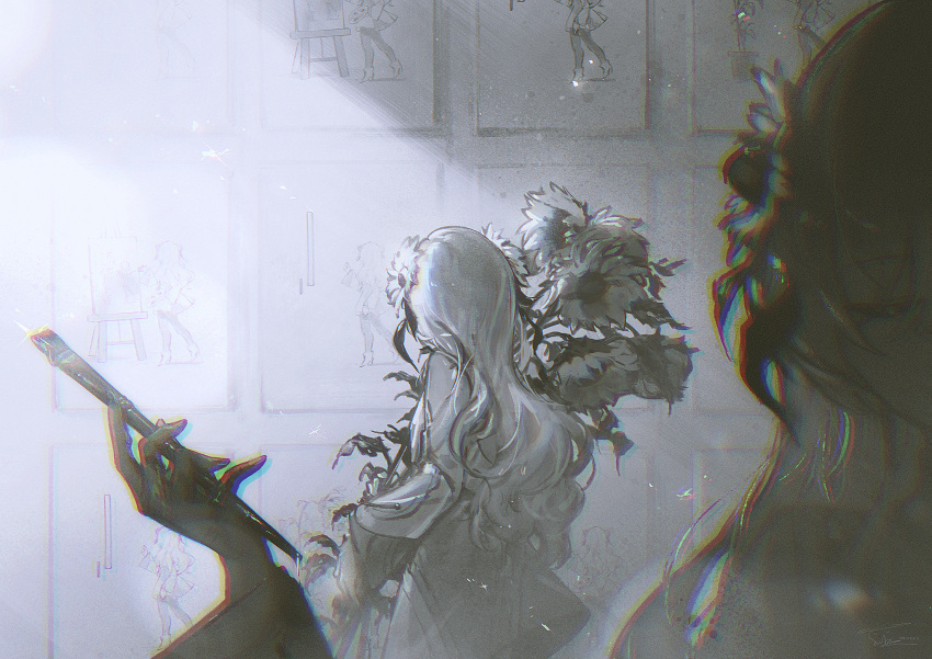 2girls, bouquet, chromatic_aberration, closed_eyes, commentary, dress, english_commentary, facing_away
