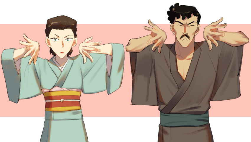 1boy, 1girl, black_hair, black_kimono, blue_kimono, closed_mouth, cowboy_shot, czech_gana