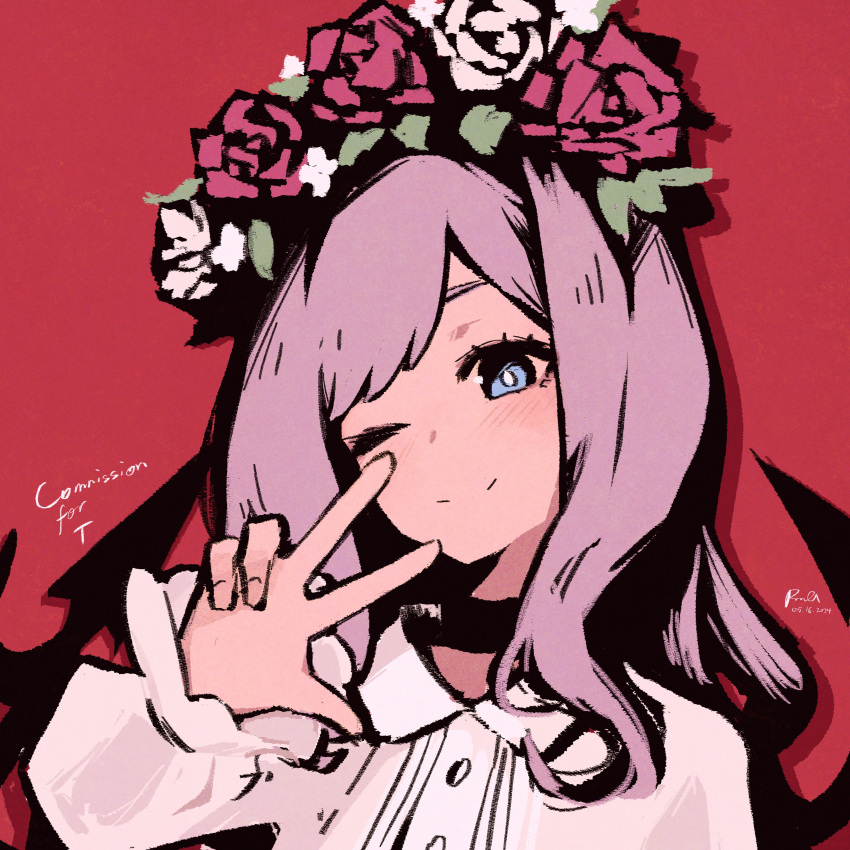 1girl, absurdres, atarashi_coco, blue_eyes, bright_pupils, collared_shirt, commentary, commission