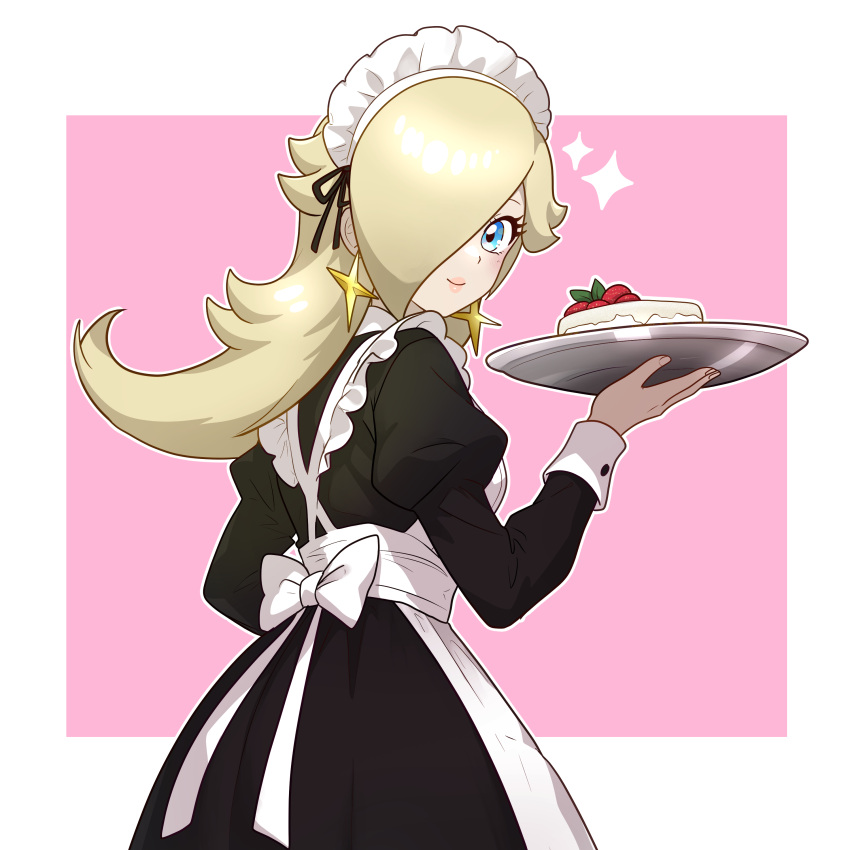 1girl, absurdres, alternate_costume, apron, black_dress, blue_eyes, cake, closed_mouth