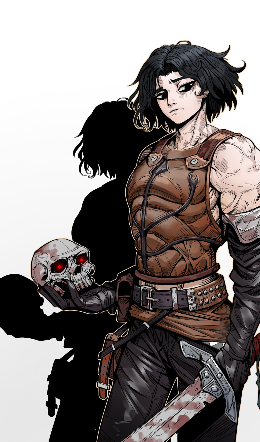 1boy, absurdres, armor, bare_shoulders, belt, black_eyes, black_gloves, black_hair, black_pants, brown_belt, cahara_(fear_&amp;_hunger), closed_mouth, elbow_gloves, fear_&amp;_hunger_(series), fear_&amp;_hunger_1, fold-over_gloves, gloves, goodwater, hashtag-only_commentary, highres, holding, holding_skull, holding_sword, holding_weapon, leather_armor, looking_at_viewer, midriff_peek, nantaimori, pants, shadow, short_hair, simple_background, skull, solo, sword, toned, toned_male, veins, veiny_arms, weapon, white_background