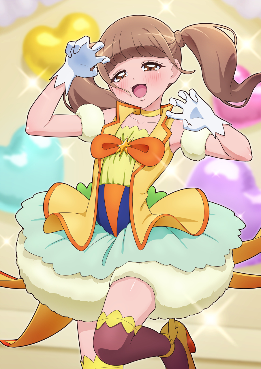 1girl, :d, balloon, bare_shoulders, blunt_bangs, blush, bow, brown_eyes