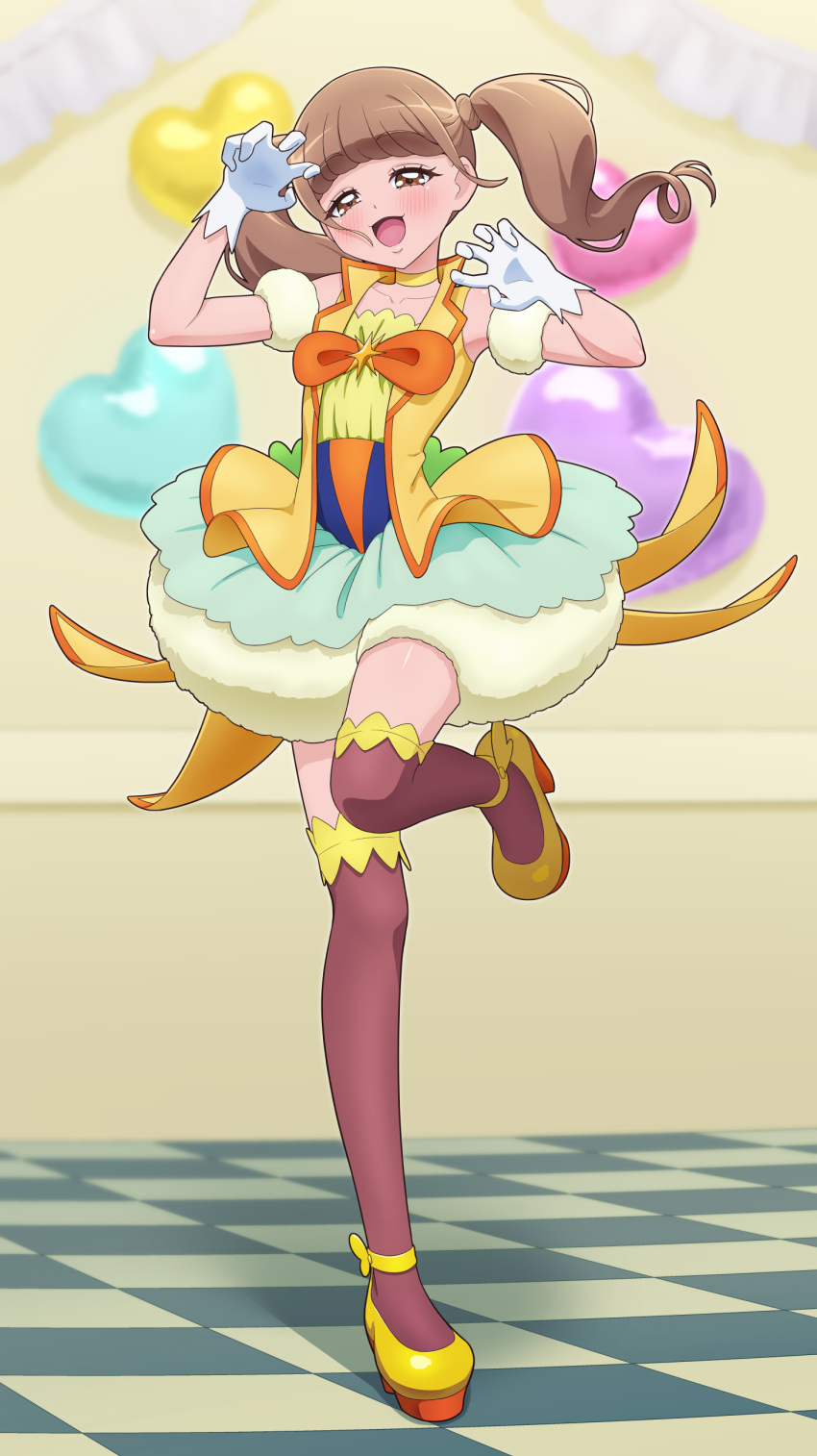 1girl, :d, absurdres, balloon, bare_shoulders, blunt_bangs, blush, bow