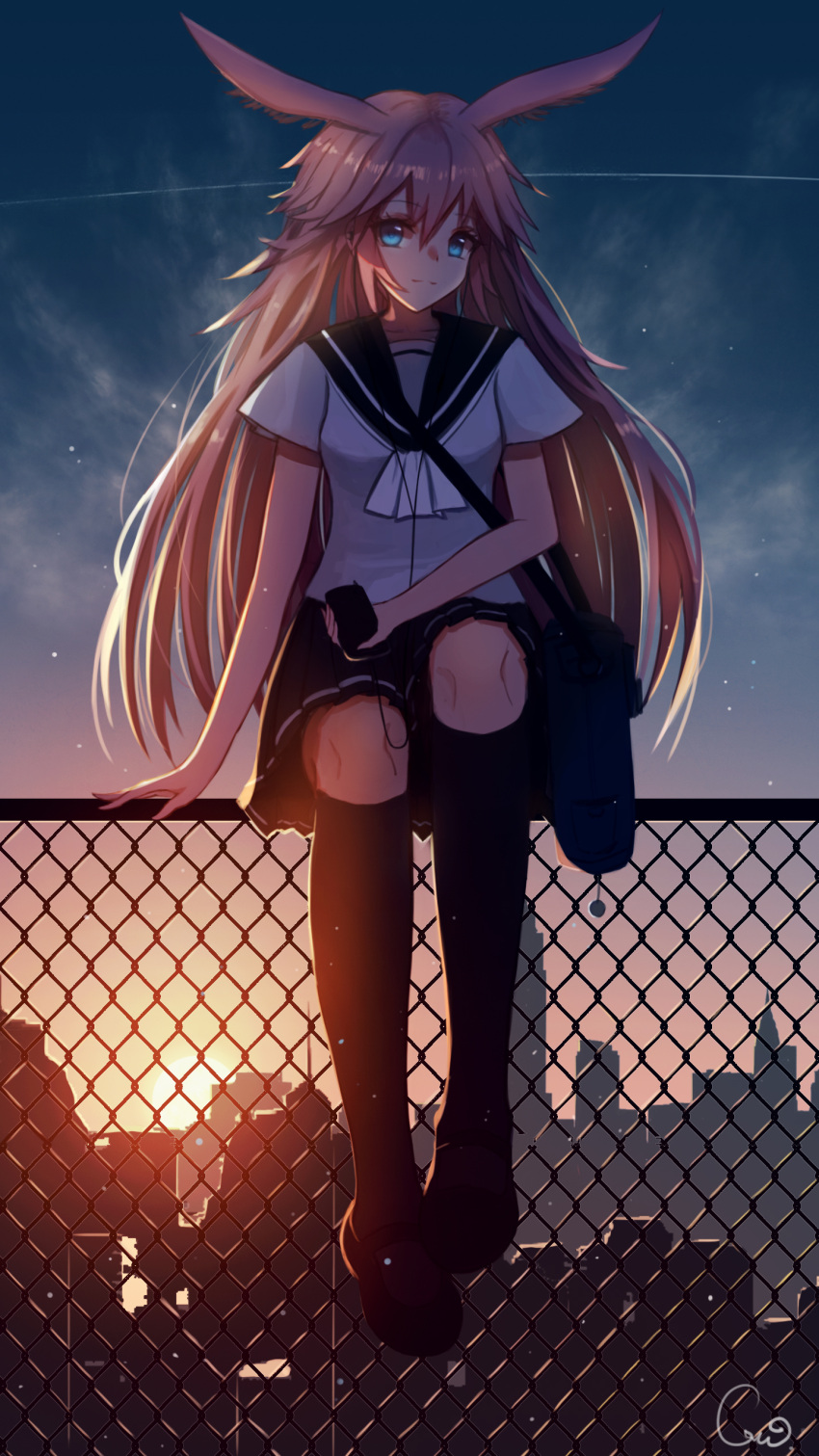 1girl, absurdres, animal_ears, bag, black_serafuku, black_thighhighs, blue_eyes, closed_mouth