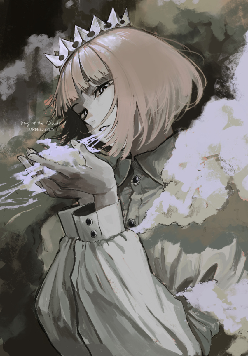 1boy, blunt_bangs, breathing_on_hands, breathing_smoke, brown_hair, clouds, collared_shirt, crown, donutshole13, english_text, highres, king, limited_palette, long_sleeves, looking_at_viewer, male_focus, original, parted_lips, puffy_long_sleeves, puffy_sleeves, shirt, short_hair, solo, upper_body, white_shirt