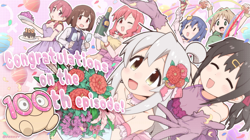 6+girls, :d, ;d, absurdres, ahoge, alternate_costume, artist_name, bare_shoulders
