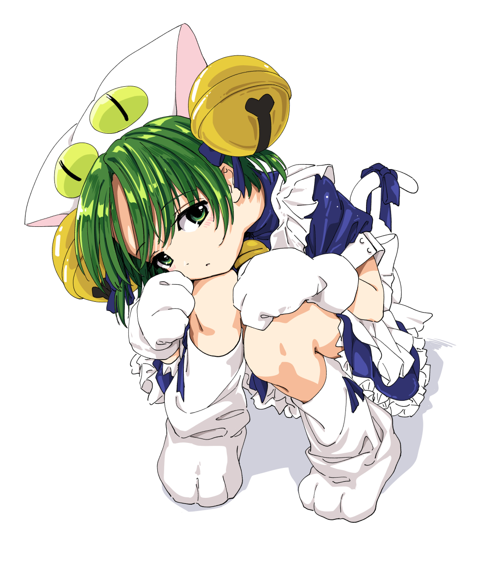 <|>_<|>, 1girl, animal_hat, anzu_yoshihiro, apron, bell, blue_dress, bow