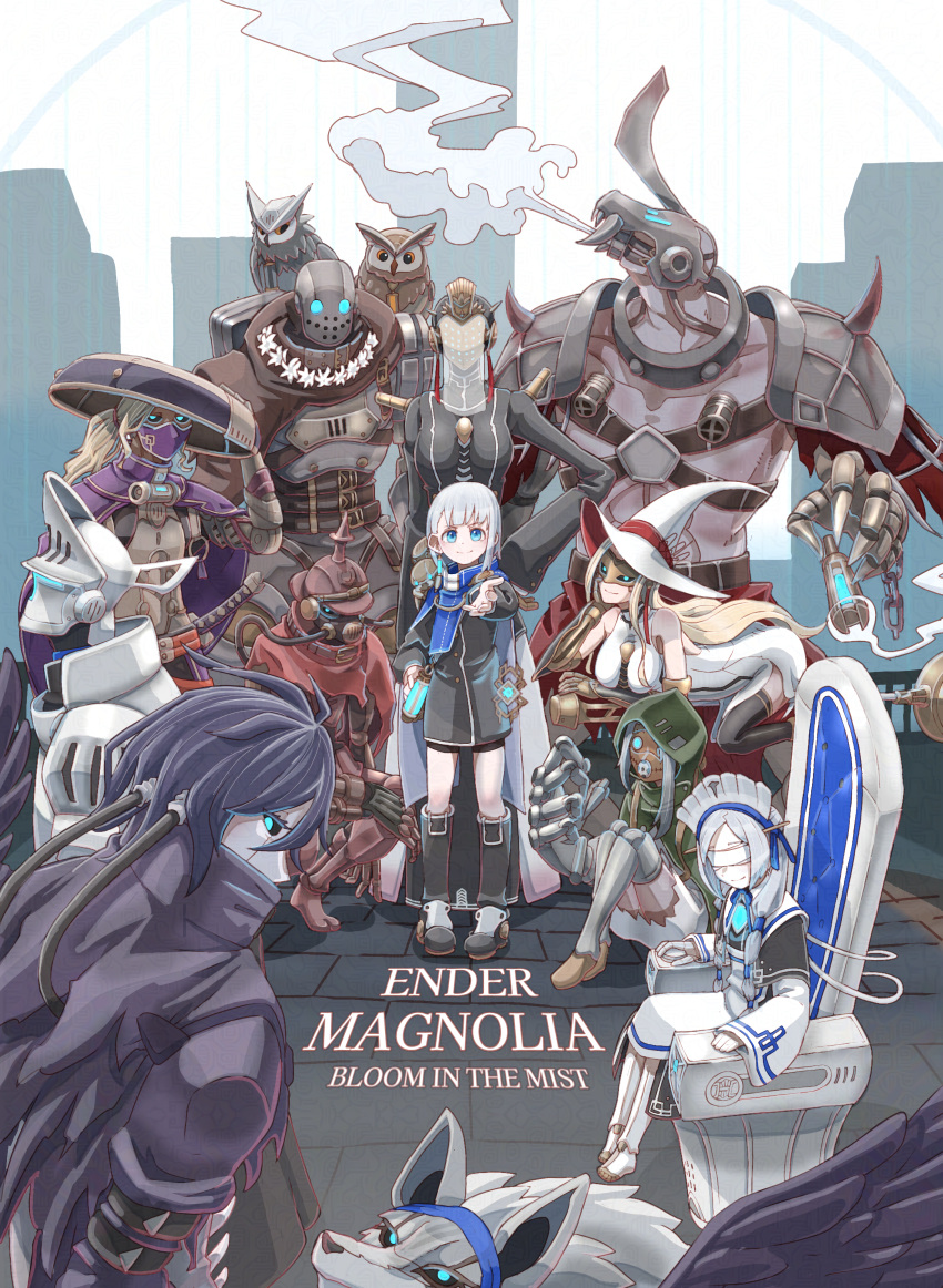 4girls, 6+boys, absurdres, armor, bandages, bandages_over_eyes, bird, black_sclera