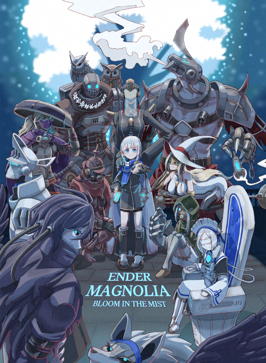 4girls, 6+boys, absurdres, armor, bandages, bandages_over_eyes, bird, black_sclera