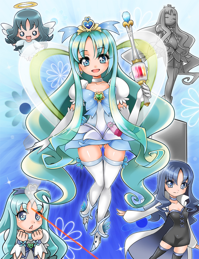 5girls, angel, angel_wings, black_legwear, black_thighhighs, blue_eyes, blue_hair, bow