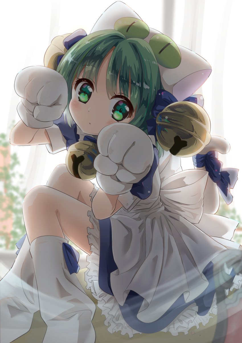 <|>_<|>, 1girl, animal_hat, anzu_yoshihiro, apron, back_bow, bell, blue_dress