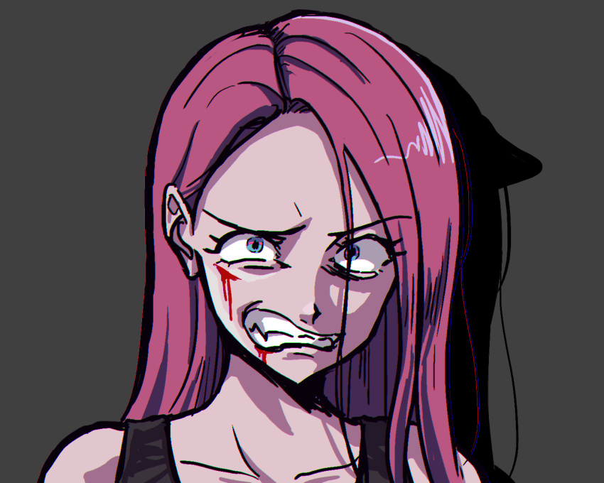 1girl, bare_shoulders, black_tank_top, chromatic_aberration, clenched_teeth, collarbone, colored_skin, commentary, grey_background, hair_behind_ear, highres, long_hair, looking_at_viewer, my_little_pony, my_little_pony:_equestria_girls, my_little_pony:_friendship_is_magic, nocturnalsky, pink_skin, pinkamena_diane_pie, pinkie_pie, pinkie_pie_(equestria_girls), portrait, simple_background, solo, straight_hair, tank_top, teeth, uneven_eyes, v-shaped_eyebrows