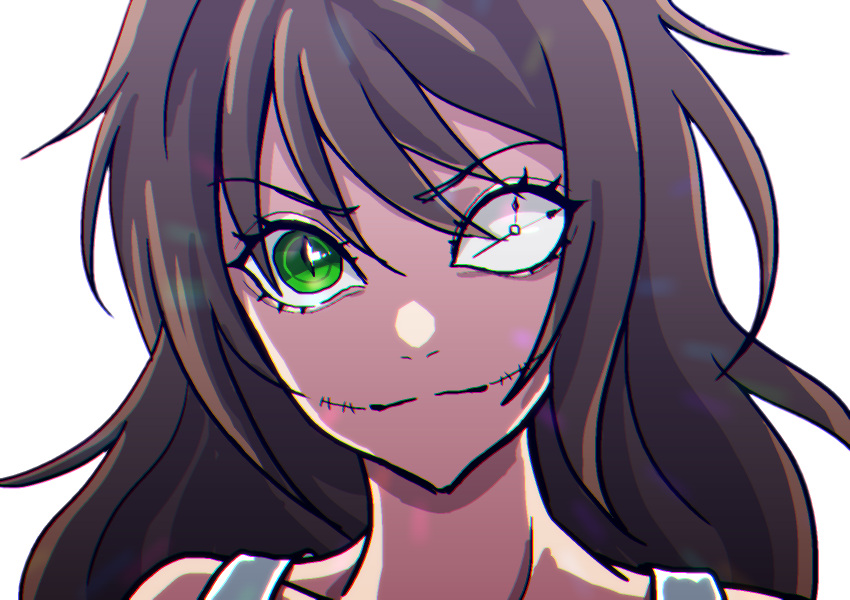 1girl, backlighting, bare_shoulders, brown_hair, chromatic_aberration, clockwork_(creepypasta), closed_mouth, commentary