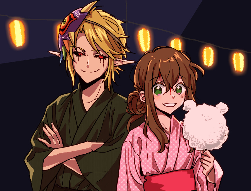 1boy, 1girl, :d, alternate_costume, alternate_hairstyle, arm_at_side, ben_drowned, black_background