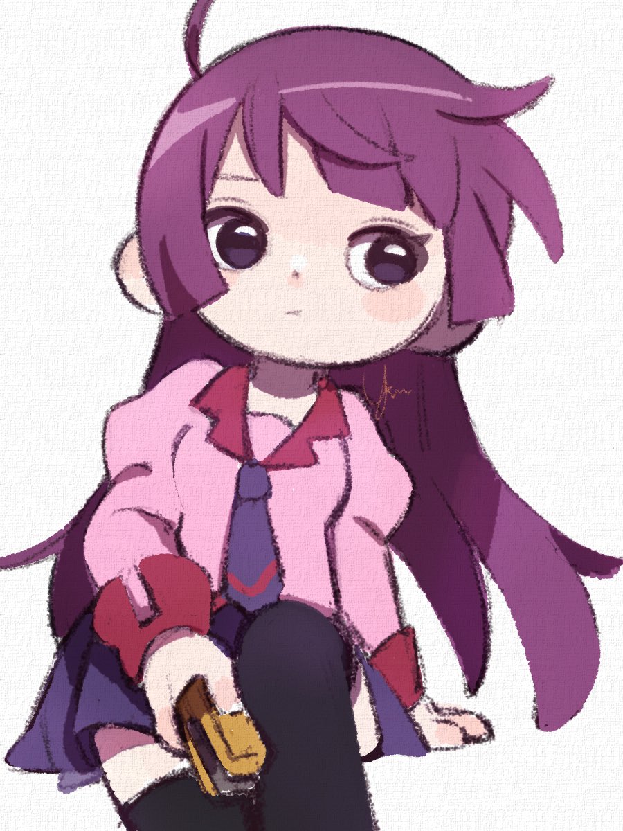 1girl, highres, holding_stapler, juliet_sleeves, long_sleeves, monogatari_(series), puffy_sleeves, purple_hair