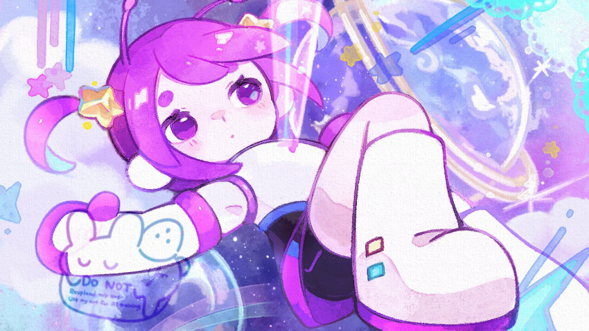 1girl, antennae, highres, purple_hair, snail's_house, snailchan, solo, space, violet_eyes, yknsugar