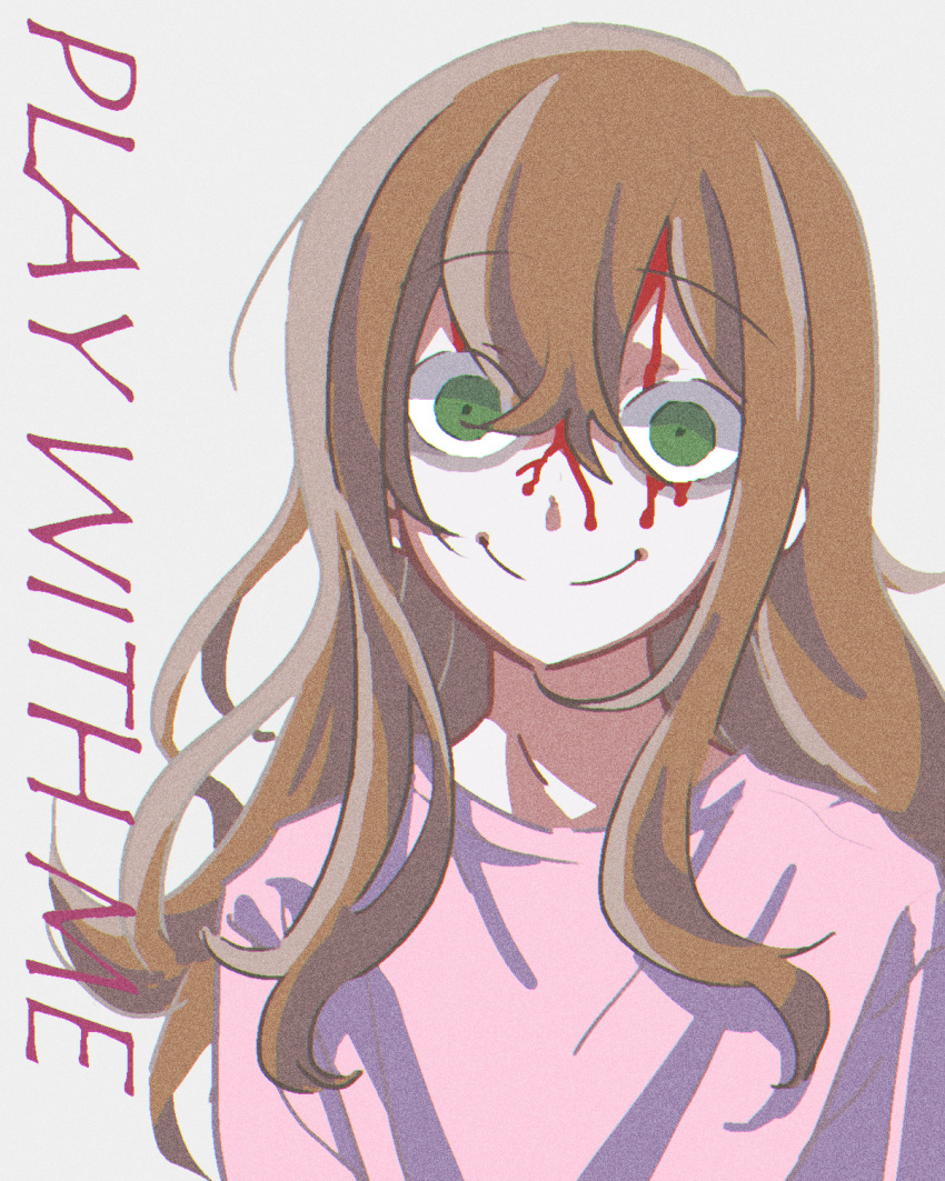 1girl, bags_under_eyes, blood, blood_from_forehead, chromatic_aberration, closed_mouth, commentary, creepypasta