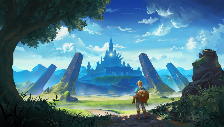 1boy, architecture, arm_guards, blonde_hair, blue_shirt, blue_sky, blue_tunic, boots