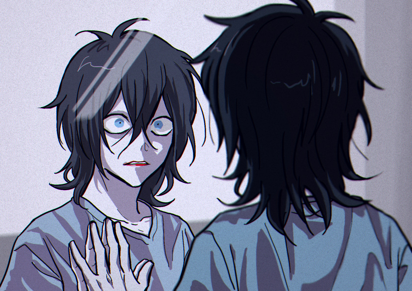 1boy, antenna_hair, black_hair, blue_eyes, blue_shirt, chromatic_aberration, collarbone, colored_skin
