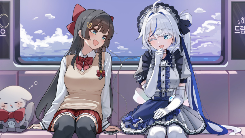 2girls, ahoge, aokumo_rin, apron, black_hair, black_thighhighs, blue_apron, blue_hair