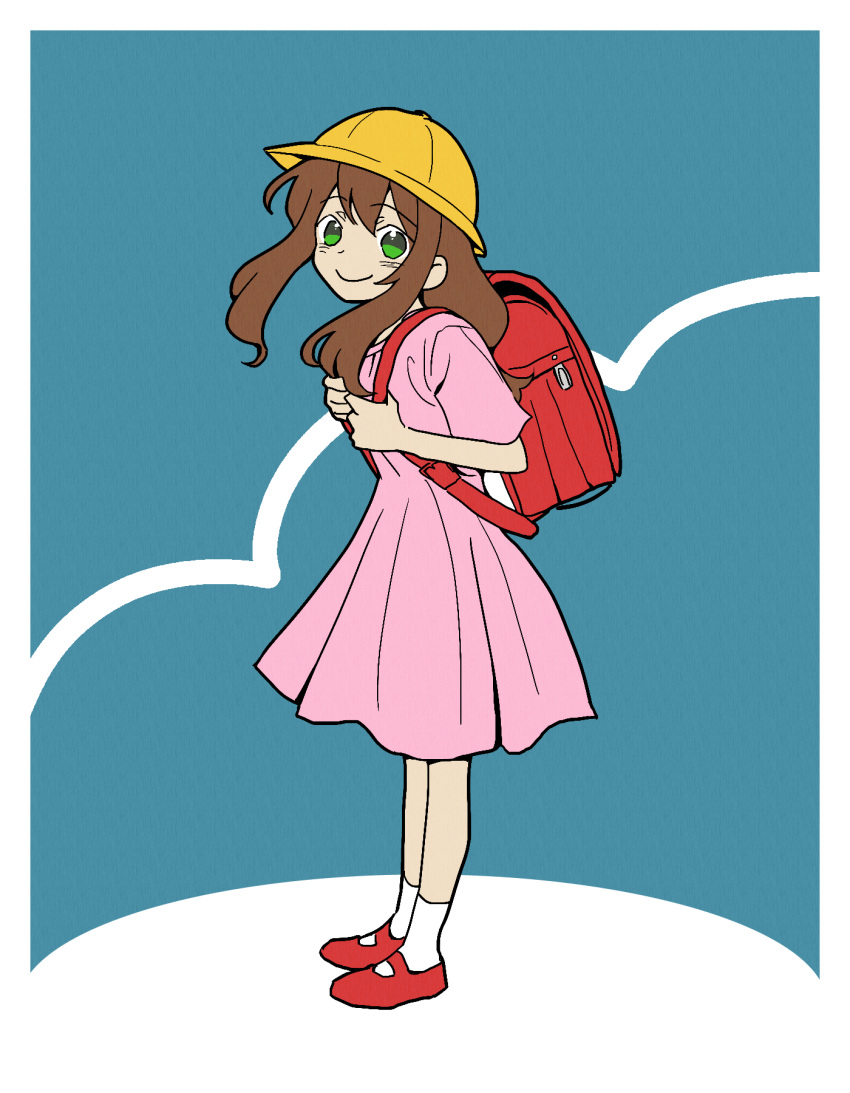 1girl, ankle_socks, backpack, bag, blue_background, child, closed_mouth, commentary_request