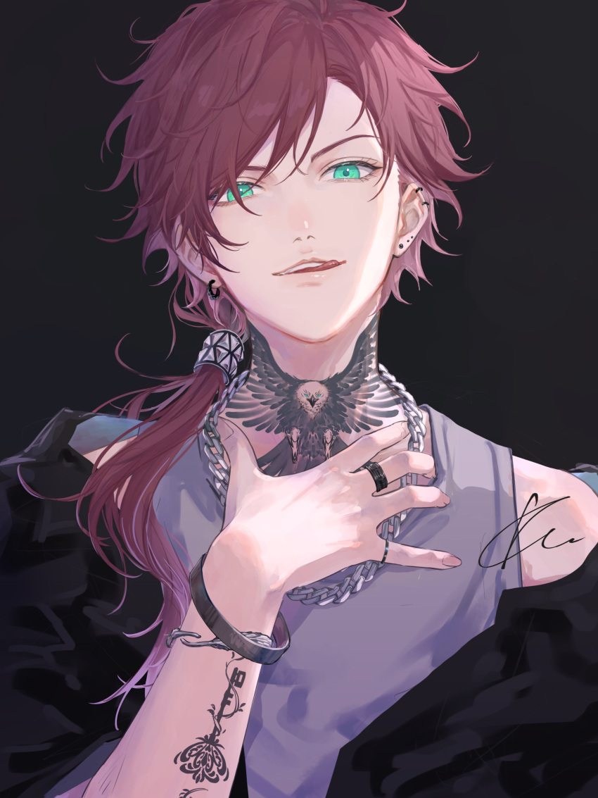 1boy, absurdres, arm_tattoo, black_jacket, bracelet, commentary_request, earrings, fingernails