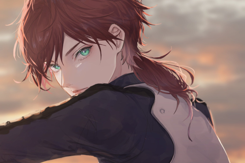 1boy, black_shirt, closed_mouth, clouds, cloudy_sky, collared_shirt, eyelashes, gradient_hair