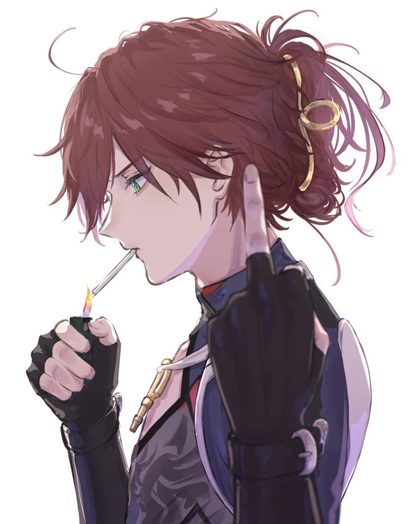 1boy, arm_up, black_gloves, cigarette, clothing_cutout, commentary_request, eyelashes, fingerless_gloves