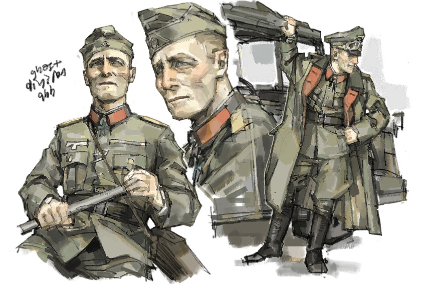1boy, ecku_(eckiiaaoo), erwin_rommel, full_body, male_focus, military_uniform, multiple_views, real_life, solo, wehrmacht, white_background, world_war_ii