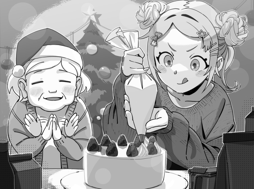 2girls, :p, baking, cake, christmas, christmas_tree, clapping, closed_mouth