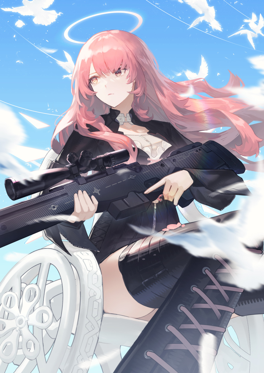 1girl, absurdres, ai_arctic_warfare, arknights, bird, black_dress, black_jacket, blue_sky