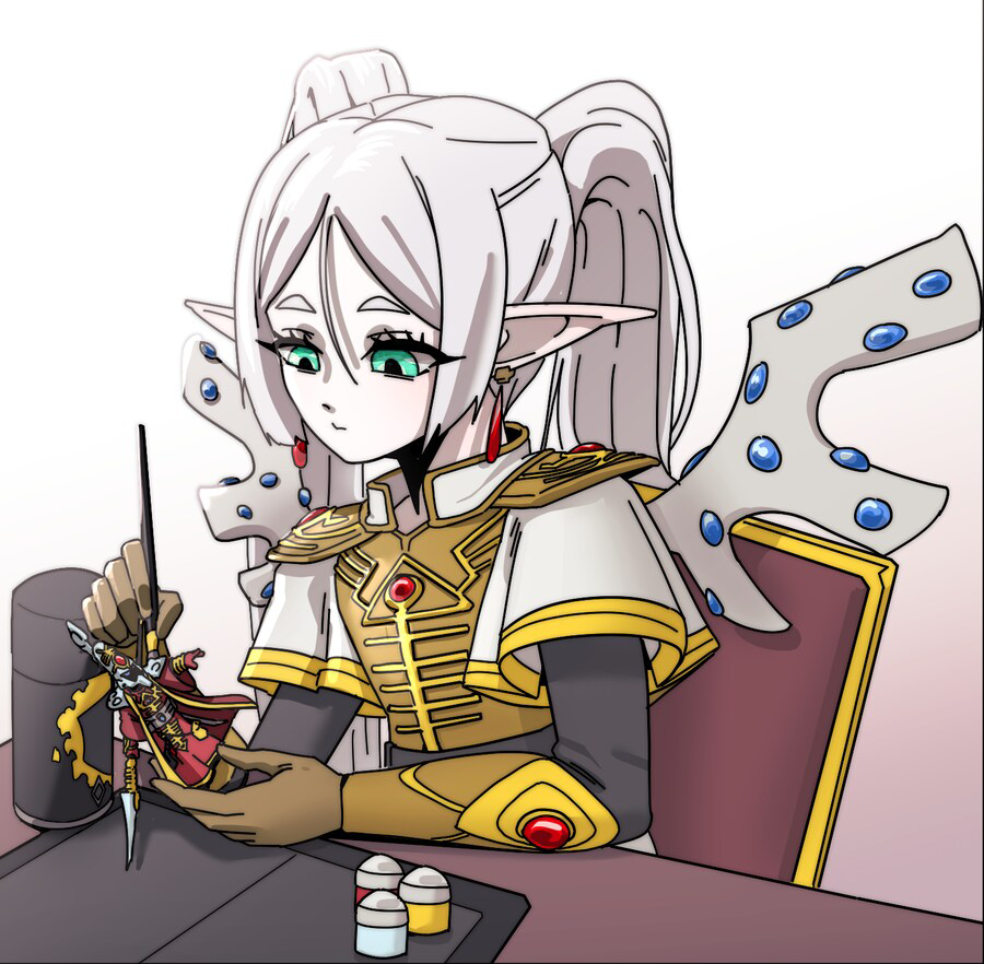1girl, chair, desk, earrings, eldar, elf, farseer, frieren