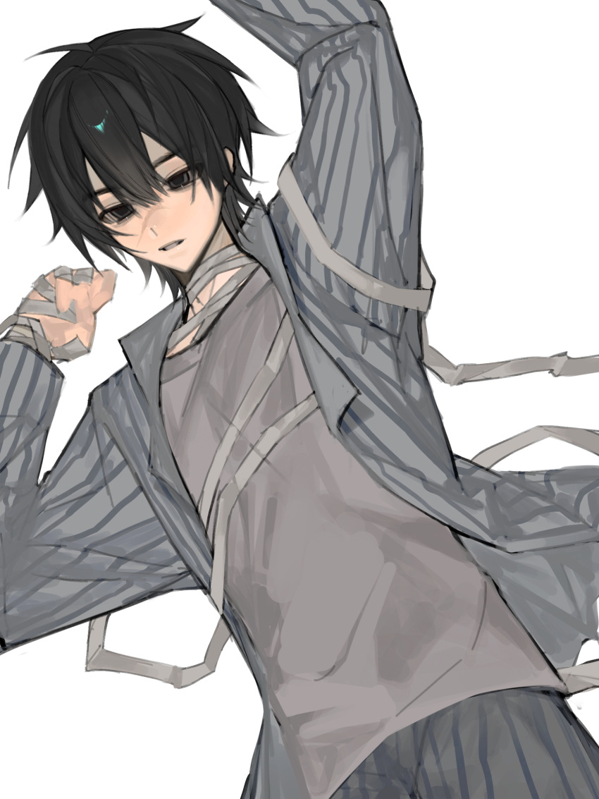 1boy, alternate_universe, arm_up, bags_under_eyes, bandaged_arm, bandaged_hand, bandaged_neck, bandages, black_eyes, black_hair, chinese_commentary, collared_shirt, cowboy_shot, dao_gui_yi_xian, grey_pants, grey_shirt, hair_between_eyes, highres, hospital_gown, li_huowang, li_huowang_(modern_world), long_sleeves, looking_at_viewer, male_focus, official_alternate_costume, official_alternate_hair_length, official_alternate_hairstyle, open_clothes, open_shirt, pants, parted_lips, scar, scar_on_face, shigelaogutoukongle, shirt, short_hair, simple_background, solo, striped_clothes, striped_pants, striped_shirt, vertical-striped_clothes, vertical-striped_pants, vertical-striped_shirt, white_background