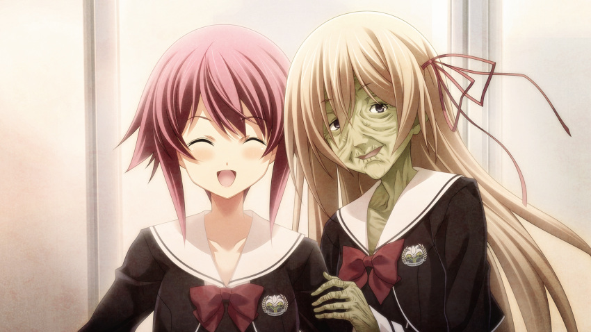 2girls, aged_up, bags_under_eyes, black_dress, black_jacket, black_trim, bow, breasts, chaos;child, chaos_child_syndrome, chest_bow, closed_eyes, collarbone, colored_skin, cropped_jacket, dot_nose, dress, ears_visible_through_hair, emaciated, facing_viewer, game_cg, green_skin, hair_between_eyes, hair_ribbon, hand_on_another's_arm, happy, hekiho_academy, hekiho_academy_uniform, highres, jacket, kurusu_nono, leaning_on_person, long_hair, long_sleeves, looking_at_viewer, medium_breasts, multiple_girls, non-web_source, official_art, old, old_woman, onoe_serika, open_mouth, orange_hair, pink_hair, pink_lips, red_ribbon, ribbon, sailor_collar, sailor_shirt, sasaki_mutsumi, school_uniform, shiny_lips, shirt, short_hair, short_hair_with_long_locks, sidelocks, skinny, smile, swept_bangs, tongue, violet_eyes, white_sailor_collar, white_trim, wrinkled_skin