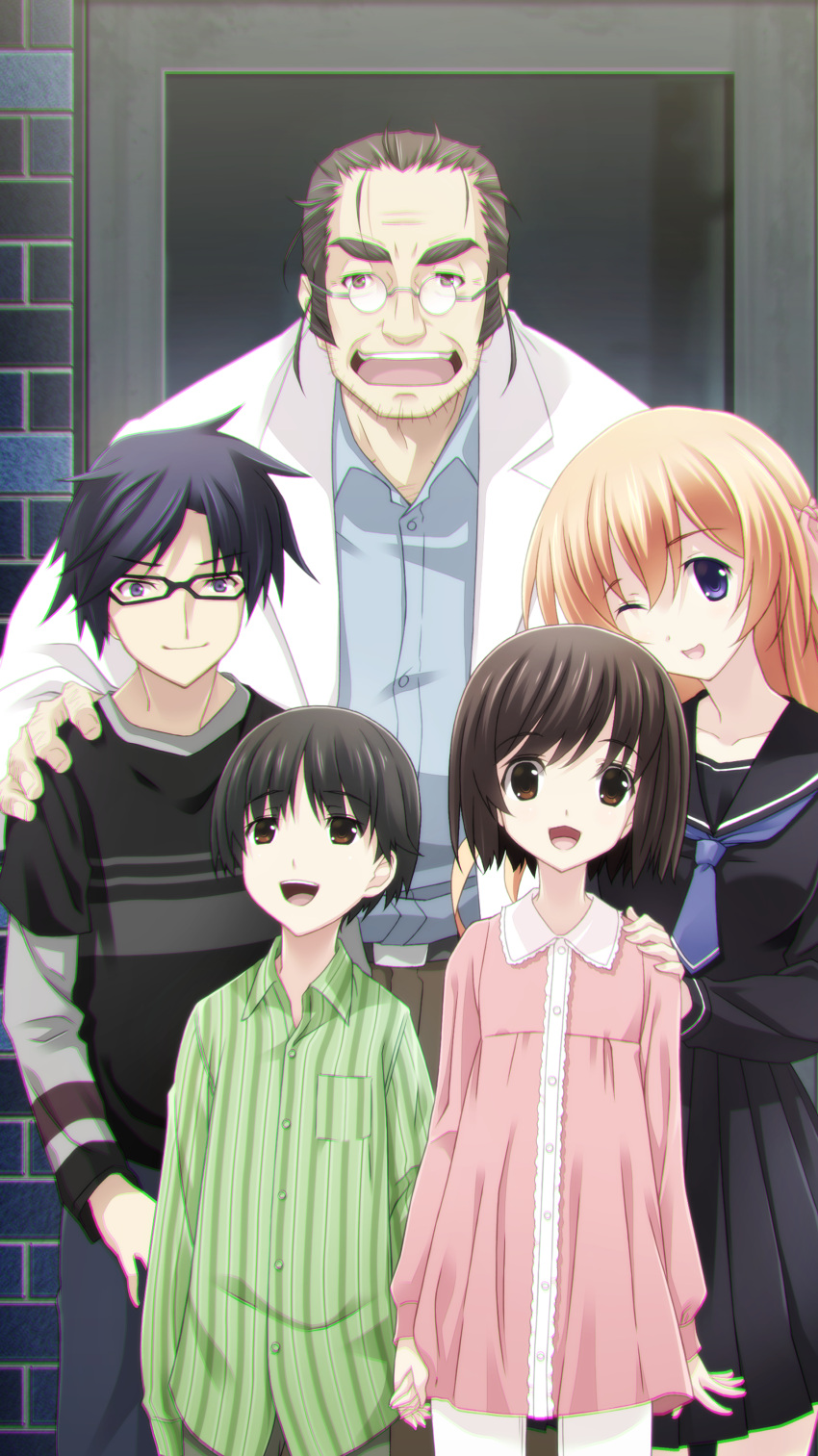 2girls, 3boys, absurdres, adam's_apple, aged_down, asymmetrical_bangs, beard_stubble, belt, black_belt, black_hair, black_pants, black_pantyhose, black_sailor_collar, black_serafuku, blue_eyes, blue_hair, blue_necktie, blue_pants, blue_shirt, bow, brick_wall, brother_and_sister, brown_eyes, brown_hair, chaos;child, chest_hair, chromatic_aberration, collared_shirt, doctor, double-parted_bangs, dress, embarrassed, facial_hair, facing_viewer, frilled_dress, frills, game_cg, glasses, green_pants, group_hug, group_picture, hair_between_eyes, hair_bow, hand_on_another's_shoulder, head_tilt, highres, holding_hands, hug, jacket, long_hair, long_sleeves, looking_at_viewer, looking_up, miniskirt, miyashiro_takuru, multiple_boys, multiple_girls, necktie, non-web_source, official_art, one_eye_closed, open_clothes, open_collar, open_jacket, open_mouth, orange_hair, pants, pantyhose, pink_bow, pink_dress, pleated_skirt, puffy_sleeves, round_eyewear, sailor_collar, sakuma_wataru, sasaki_mutsumi, school_uniform, serafuku, shirt, shirt_under_shirt, short_hair, short_necktie, short_sleeves, siblings, sideburns, skirt, smile, stray_hair, striped_clothes, striped_shirt, stubble, tachibana_yui, tachibana_yuuto, tall_male, teeth, thigh_gap, thighs, tongue, upper_teeth_only, v-shaped_eyebrows, vertical-striped_clothes, vertical-striped_shirt, very_short_hair, violet_eyes, white_jacket, white_shirt