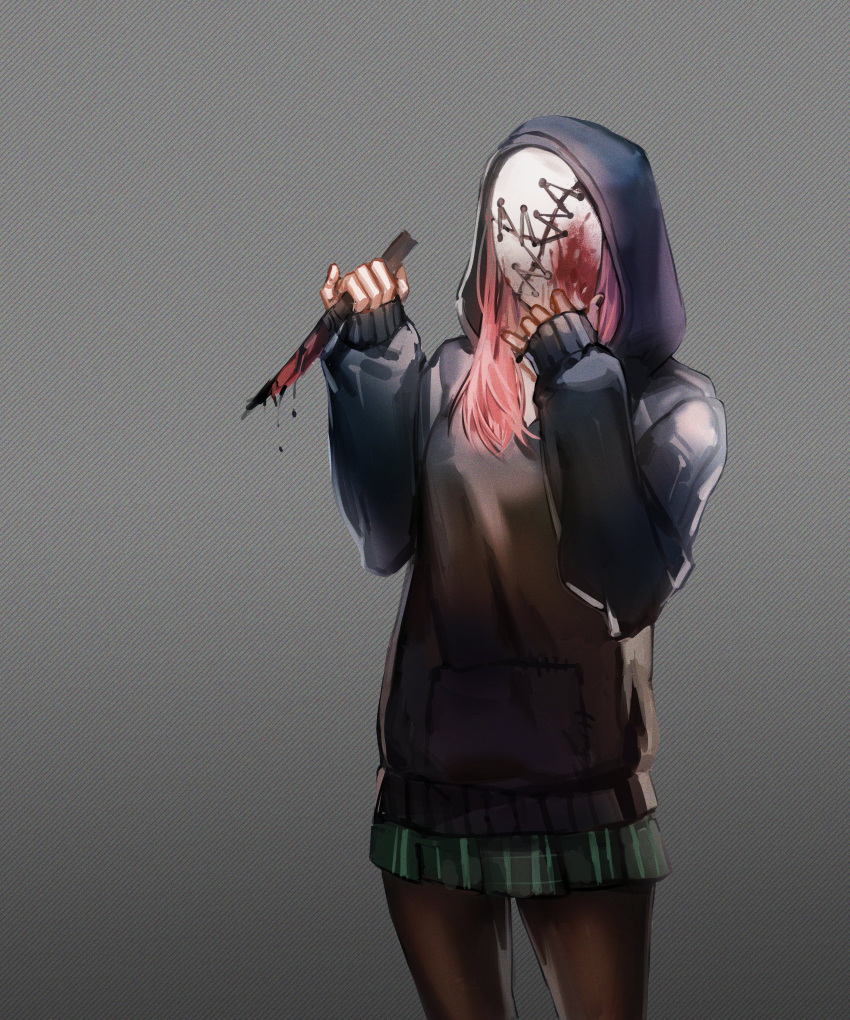 1girl, absurdres, black_hoodie, black_nails, black_pantyhose, blood, blood_on_knife, blood_on_mask