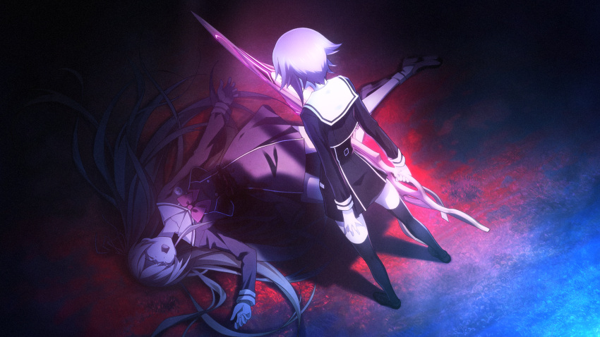2girls, black_dress, black_jacket, black_thighhighs, bleeding, blood, blood_on_clothes, blood_splatter, blood_stain, bow, brown_shoes, buckle, chaos;child, chest_bow, closed_eyes, collarbone, covered_kneepits, cropped_jacket, cuts, d-sword, dark, deep_wound, dim_lighting, dress, dying, from_above, from_behind, game_cg, glowing, glowing_weapon, hair_between_eyes, hair_ribbon, hekiho_academy, hekiho_academy_uniform, highres, holding, holding_sword, holding_weapon, injury, jacket, kneepits, kurusu_nono, loafers, long_hair, long_sleeves, lying, miniskirt, multiple_girls, nape, non-web_source, official_art, on_back, onoe_serika, open_mouth, pain, pink_bow, pink_hair, pink_sword, pool_of_blood, ribbon, sailor_collar, sailor_shirt, sasaki_mutsumi, school_emblem, shirt, shoes, short_hair, short_hair_with_long_locks, skirt, socks, standing, sword, thigh-highs, tongue, torn_clothes, weapon, white_sailor_collar, white_socks, zettai_ryouiki