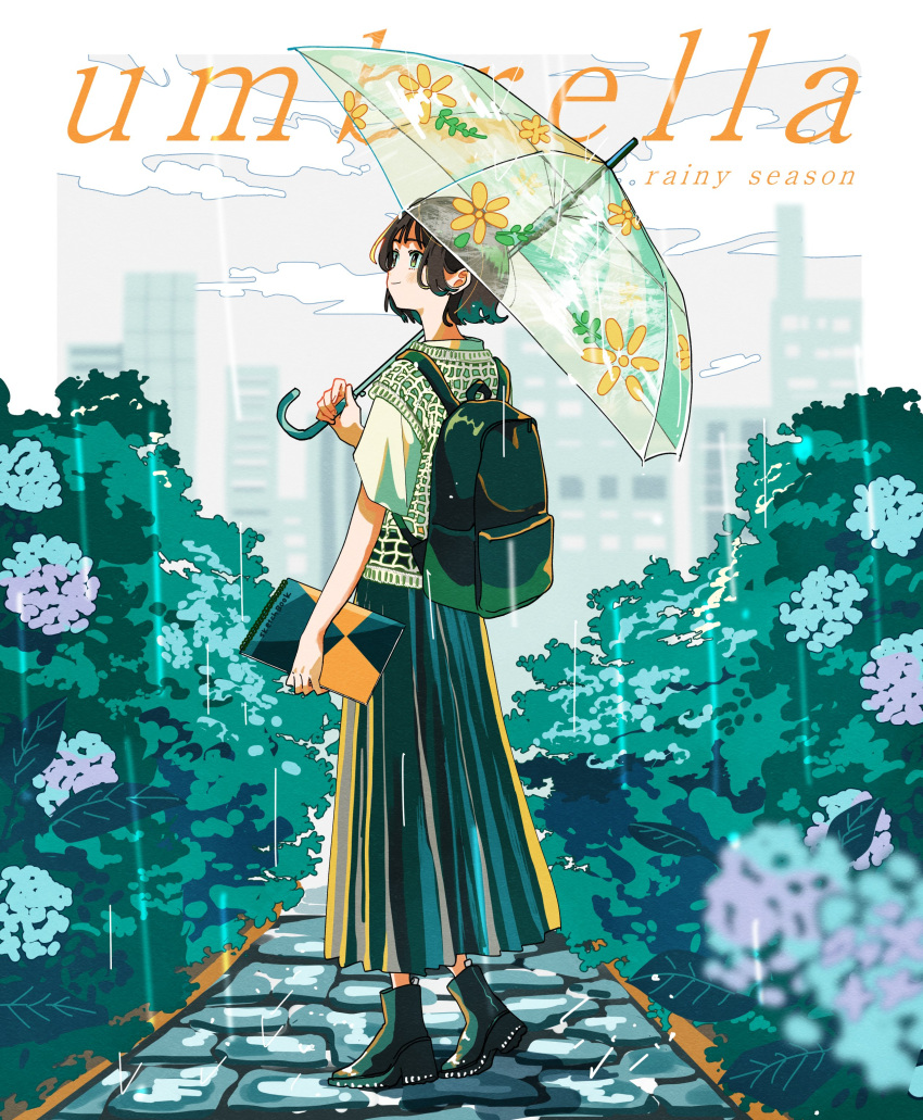 1girl, absurdres, aoyama_wasabi, backpack, bag, black_boots, black_hair, blush, boots, bush, clouds, commentary, english_text, floral_print, flower, full_body, green_eyes, green_skirt, highres, holding, holding_sketchbook, holding_umbrella, long_skirt, looking_up, maruman_sketchbook, mesh, original, path, print_umbrella, rain, shirt, short_hair, sketchbook, skirt, sky, skyline, smile, solo, standing, stone_walkway, symbol-only_commentary, transparent, transparent_umbrella, umbrella, white_flower, white_shirt