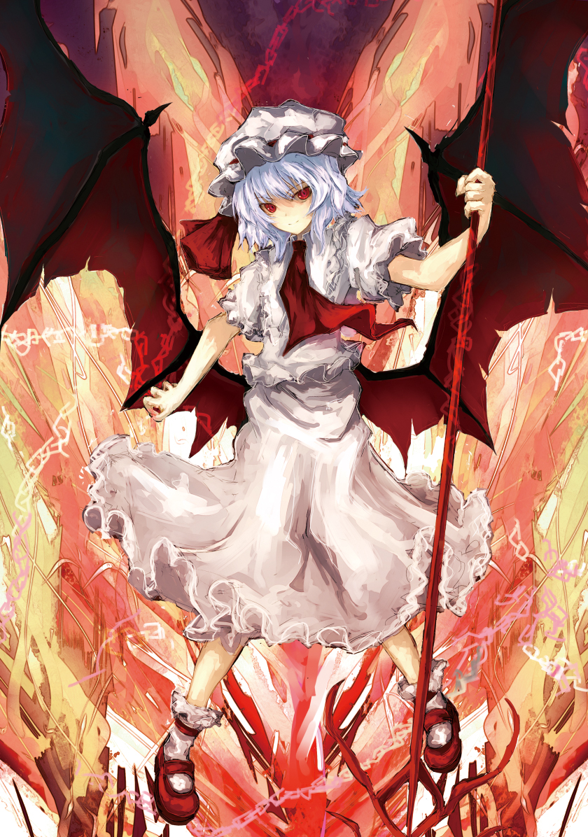 asagi_shii, ascot, bat_wings, blue_hair, chain, chains, dress, hat, hat_ribbon, light_smile, mary_janes, polearm, red_eyes, remilia_scarlet, ribbon, shoes, short_hair, silver_hair, skirt, smile, solo, spear, spear_the_gungnir, standing, touhou, weapon, wings
