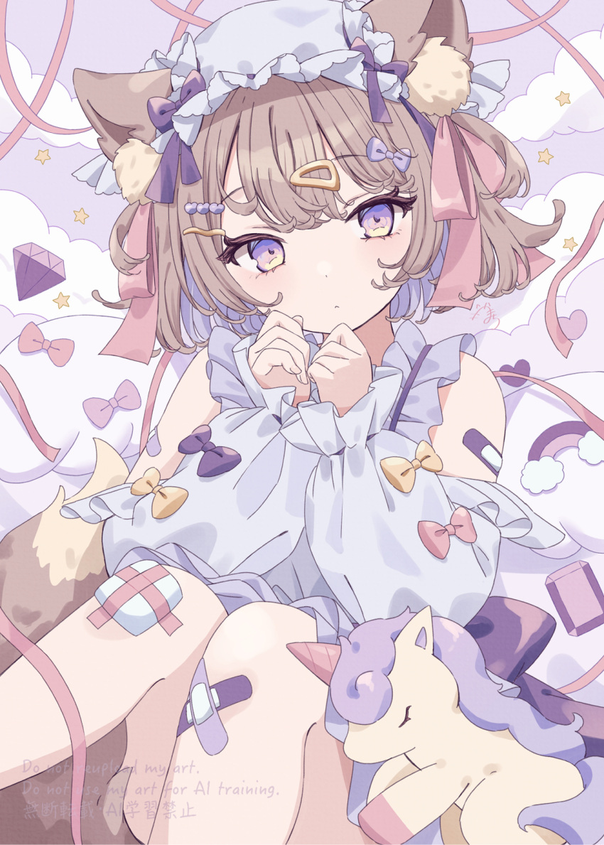 1girl, animal_ear_fluff, animal_ears, bandaid, bandaid_on_arm, brown_hair, closed_mouth, commentary_request