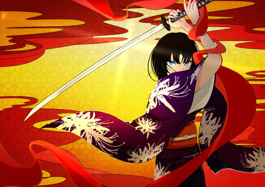 1girl, absurdres, black_hair, floral_print, floral_print_kimono, grey(user_jswe7875), highres, holding, holding_sword, holding_weapon, japanese_clothes, kara_no_kyoukai, katana, kimono, looking_at_viewer, mystic_eyes_of_death_perception, obi, print_kimono, ryougi_shiki, sash, serious, short_hair, sword, weapon