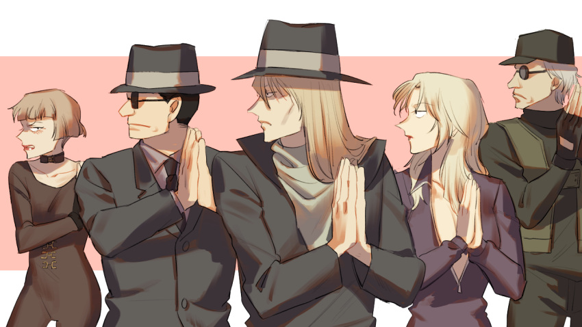 2girls, 3boys, black_gloves, black_hair, black_hat, black_jacket, black_necktie, black_suit