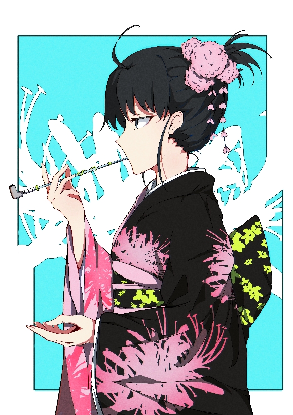 1girl, ahoge, black_eyes, black_hair, expressionless, floral_background, floral_print, floral_print_kimono, flower, grey(user_jswe7875), hair_flower, hair_ornament, hand_up, japanese_clothes, kara_no_kyoukai, kimono, nape, print_kimono, ryougi_shiki, smoking, smoking_pipe, updo